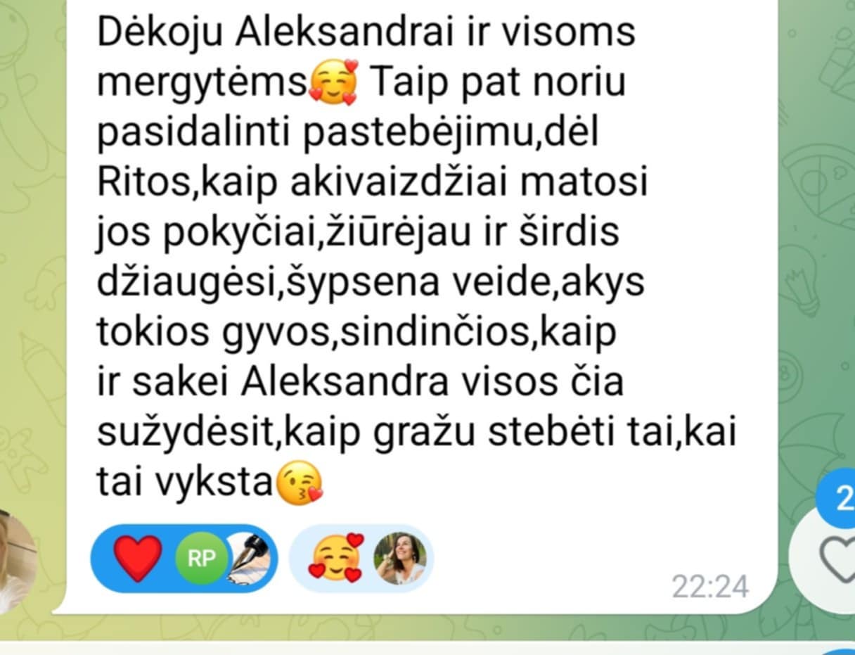 Grupės narės atsiliepimas apie buvimą savimi